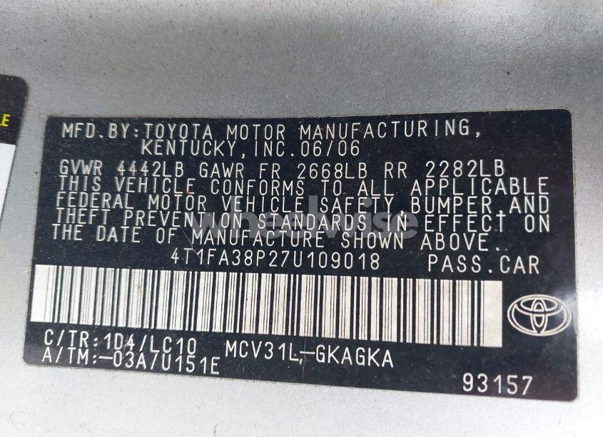 Photo 9 of 2007 Toyota Camry SOLARA SLE (VIN 4T1FA38P27U109018)