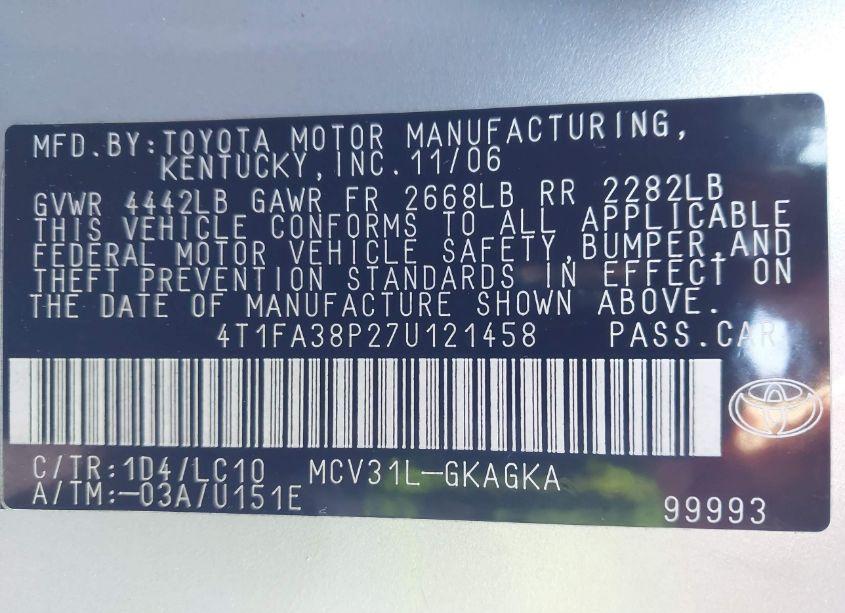 Photo 9 of 2007 Toyota Camry SOLARA SLE (VIN 4T1FA38P27U121458)