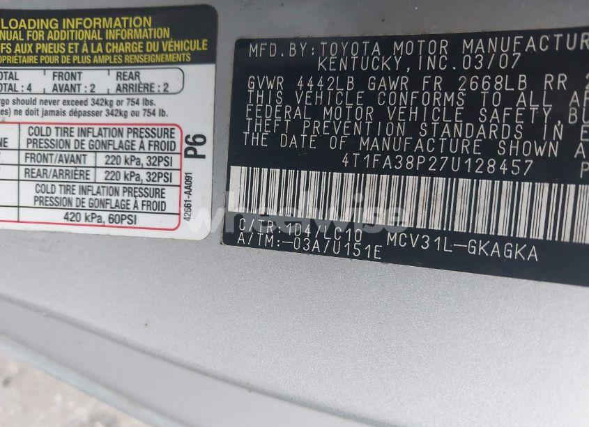 Photo 9 of 2007 Toyota Camry SOLARA SLE (VIN 4T1FA38P27U128457)