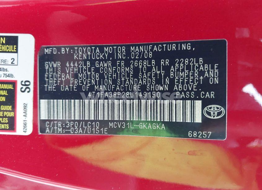 Photo 9 of 2008 Toyota Camry SOLARA SLE (VIN 4T1FA38P28U149150)