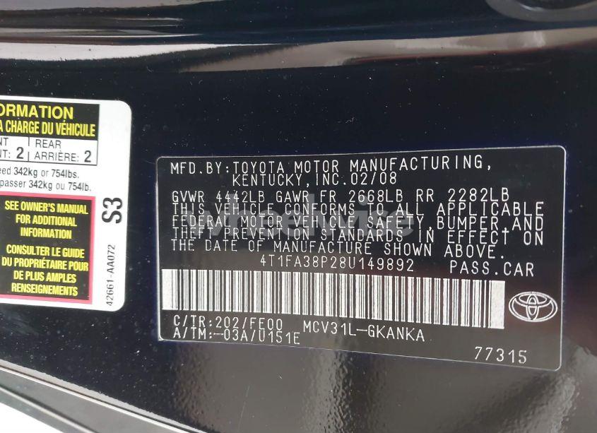 Photo 9 of 2008 Toyota Camry SOLARA SE (VIN 4T1FA38P28U149892)