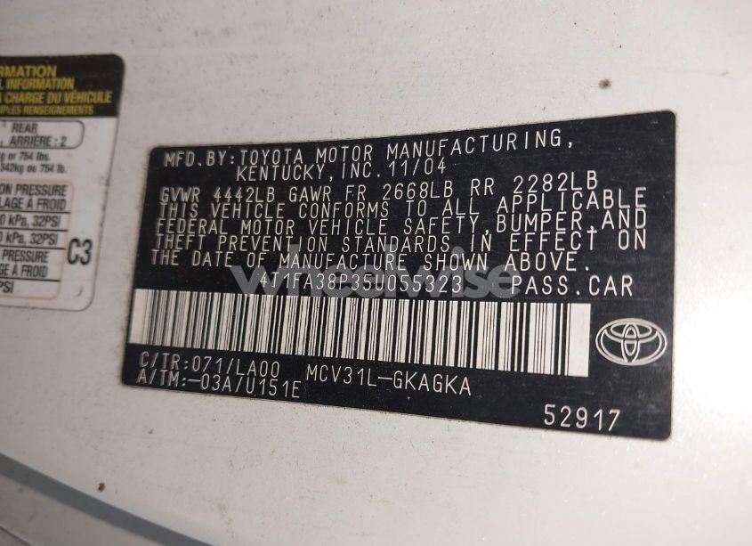 Photo 9 of 2005 Toyota Camry SOLARA SLE (VIN 4T1FA38P35U055323)