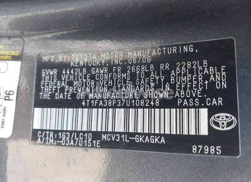 Photo 9 of 2007 Toyota Camry SOLARA SLE (VIN 4T1FA38P37U108248)