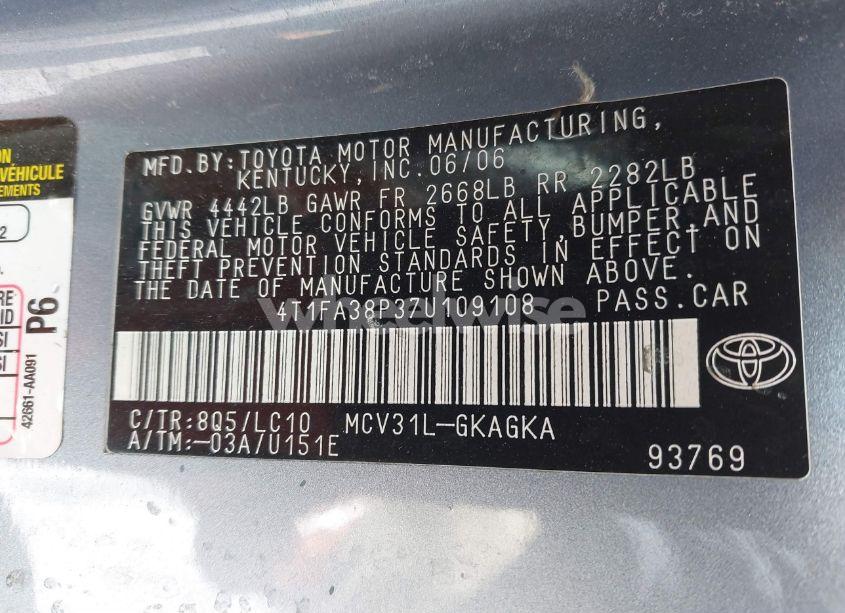 Photo 9 of 2007 Toyota Camry SOLARA SLE (VIN 4T1FA38P37U109108)