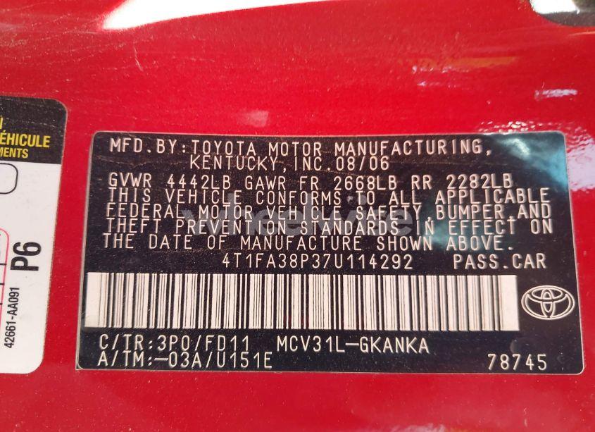 Photo 9 of 2007 Toyota Camry SOLARA SPORT (VIN 4T1FA38P37U114292)