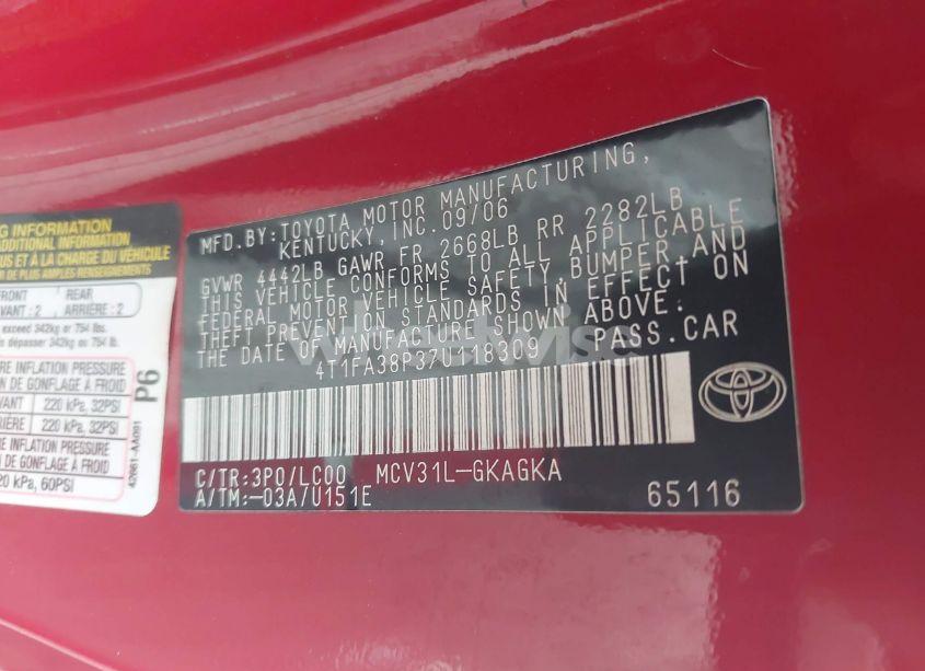 Photo 9 of 2007 Toyota Camry SOLARA SLE (VIN 4T1FA38P37U118309)