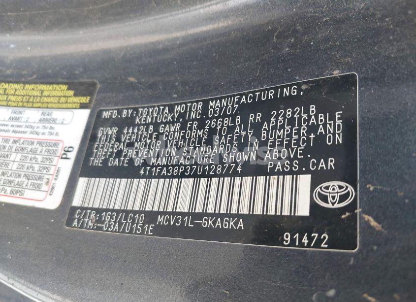 Photo 9 of 2007 Toyota Camry SOLARA SLE (VIN 4T1FA38P37U128774)