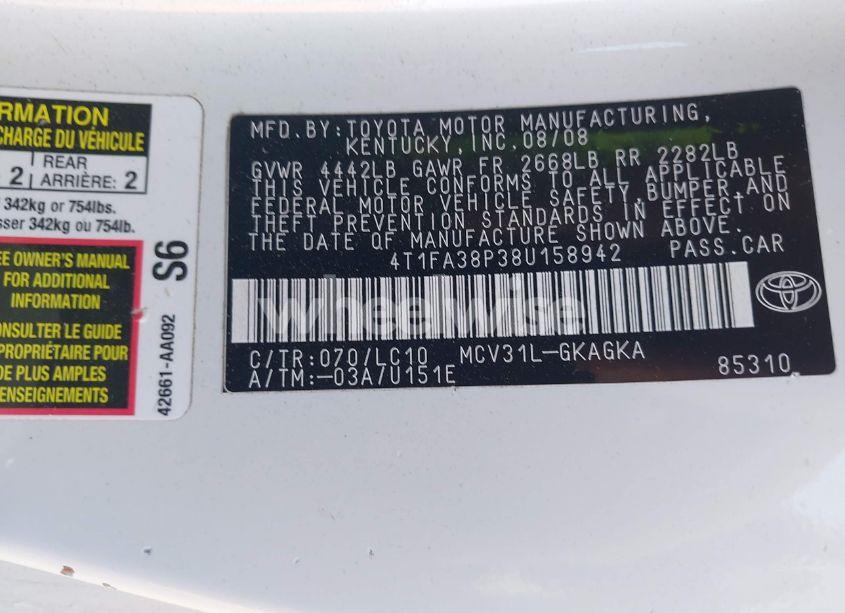 Photo 9 of 2008 Toyota Camry SOLARA SLE (VIN 4T1FA38P38U158942)