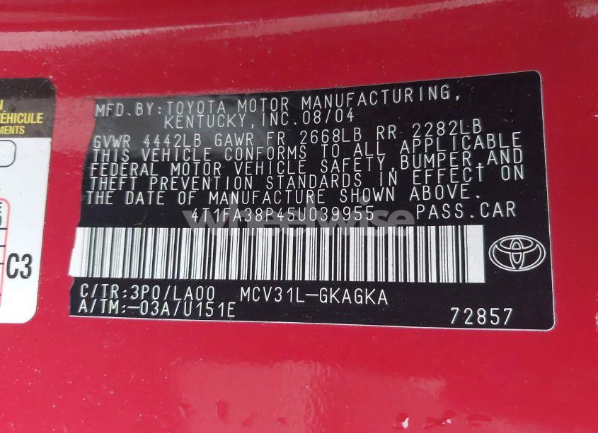 Photo 9 of 2005 Toyota Camry SOLARA SE/SLE (VIN 4T1FA38P45U039955)