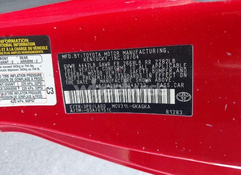 Photo 9 of 2005 Toyota Camry SOLARA SLE (VIN 4T1FA38P45U041723)
