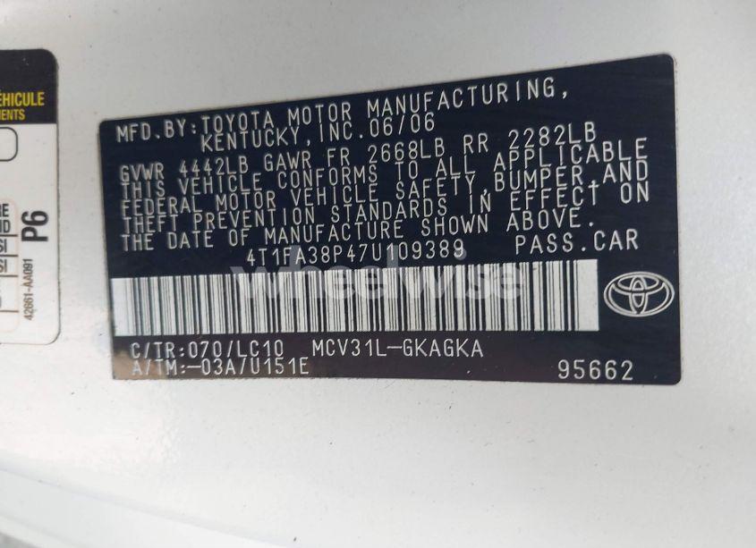 Photo 9 of 2007 Toyota Camry SOLARA SLE (VIN 4T1FA38P47U109389)