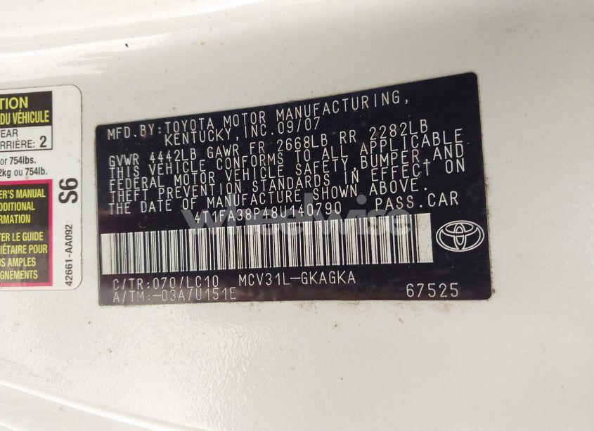 Photo 9 of 2008 Toyota Camry SOLARA SLE (VIN 4T1FA38P48U140790)