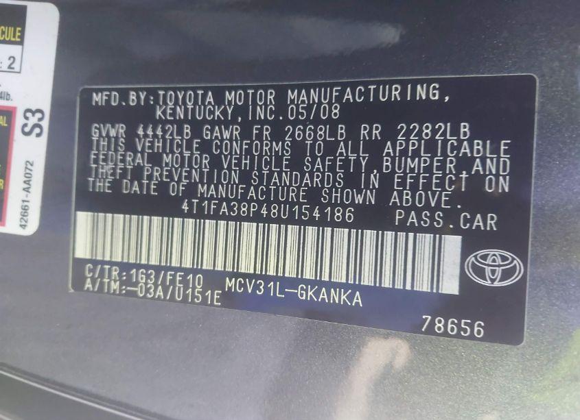 Photo 9 of 2008 Toyota Camry SOLARA SE (VIN 4T1FA38P48U154186)