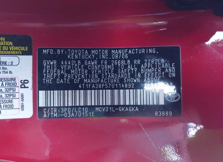 Photo 9 of 2007 Toyota Camry SOLARA SLE (VIN 4T1FA38P57U114892)