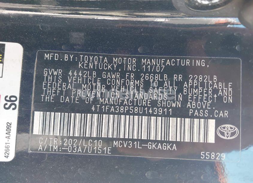 Photo 9 of 2008 Toyota Camry SOLARA SLE (VIN 4T1FA38P58U143911)