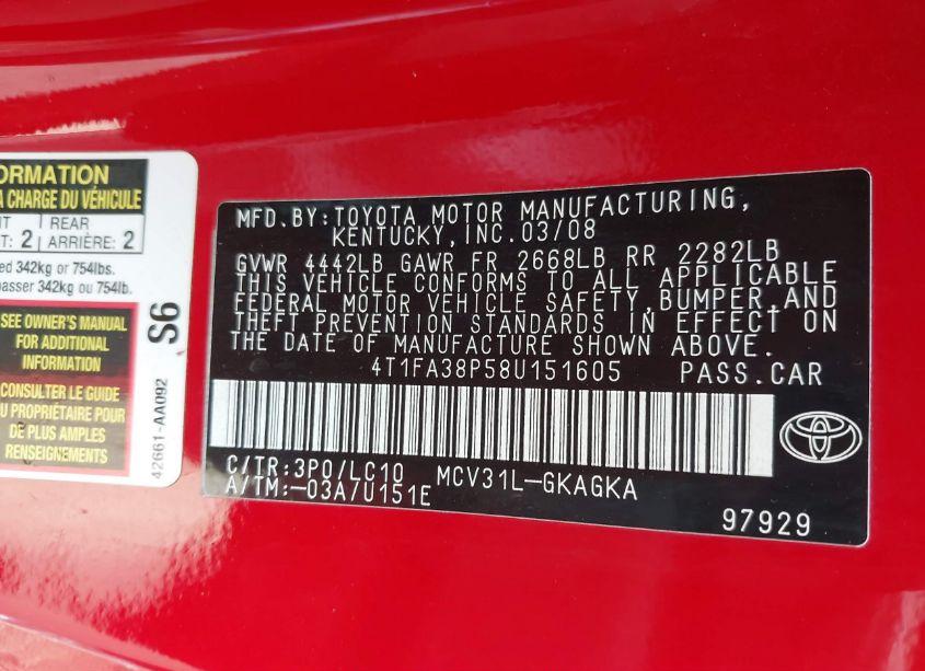 Photo 9 of 2008 Toyota Camry SOLARA SLE (VIN 4T1FA38P58U151605)