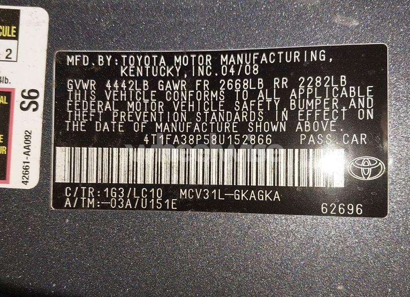 Photo 9 of 2008 Toyota Camry SOLARA SLE (VIN 4T1FA38P58U152866)