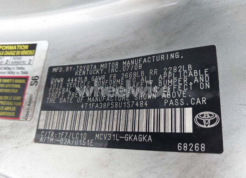 Photo 9 of 2008 Toyota Camry SOLARA SLE (VIN 4T1FA38P58U157484)