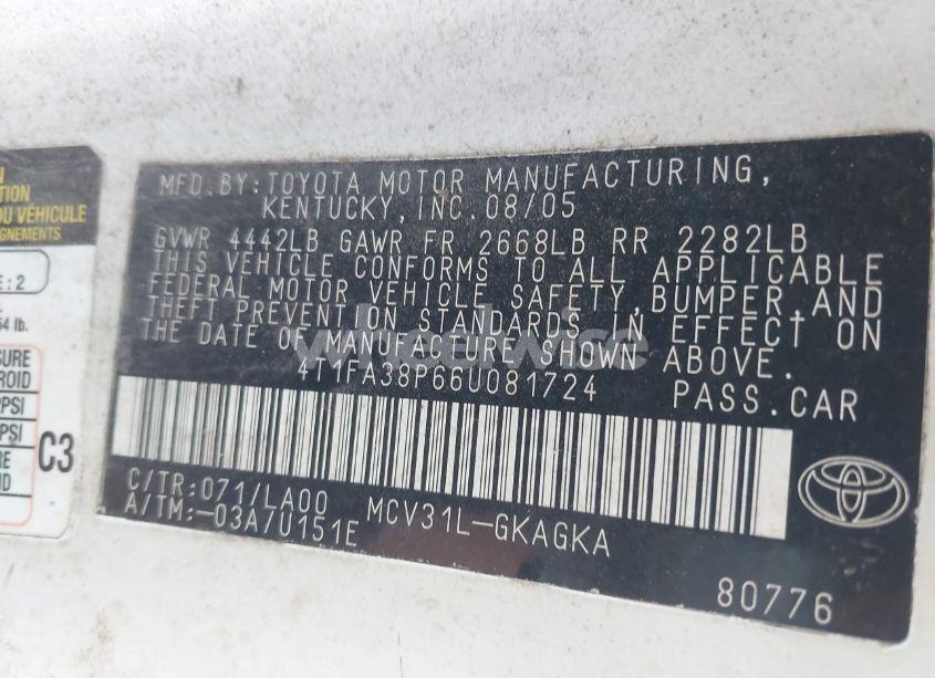 Photo 9 of 2006 Toyota Camry SOLARA SLE (VIN 4T1FA38P66U081724)