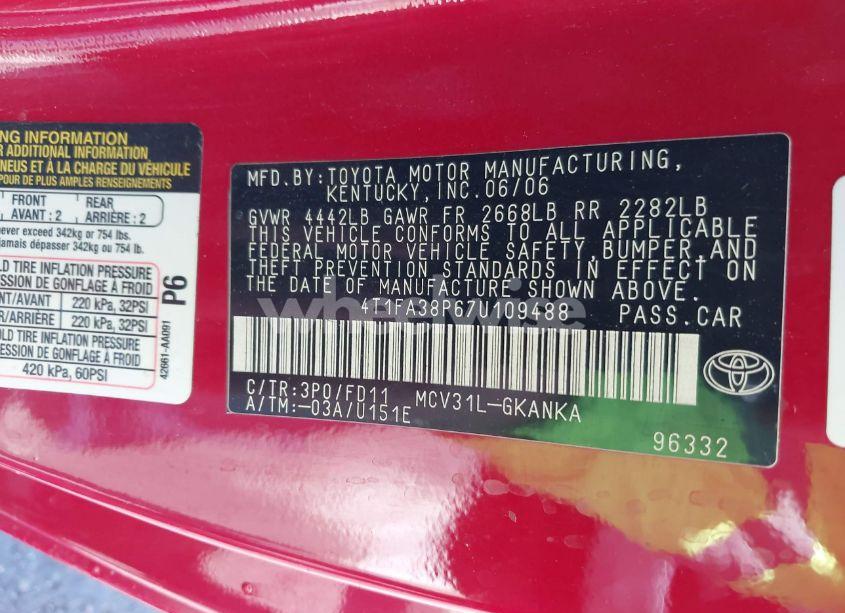 Photo 9 of 2007 Toyota Camry SOLARA SPORT (VIN 4T1FA38P67U109488)