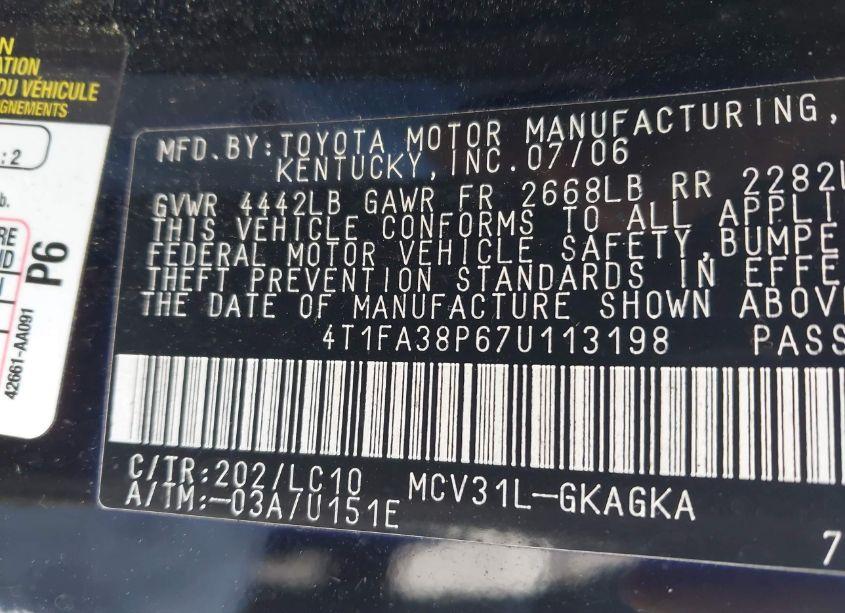 Photo 9 of 2007 Toyota Camry SOLARA SLE (VIN 4T1FA38P67U113198)