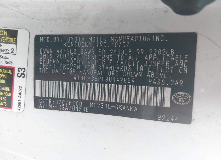 Photo 9 of 2008 Toyota Camry SOLARA SE (VIN 4T1FA38P68U142864)