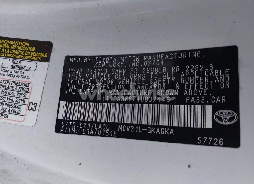 Photo 9 of 2004 Toyota Camry SOLARA SLE (VIN 4T1FA38P74U037146)