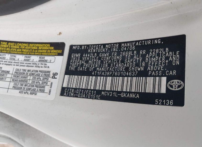 Photo 9 of 2006 Toyota Camry SOLARA SE (VIN 4T1FA38P76U104637)