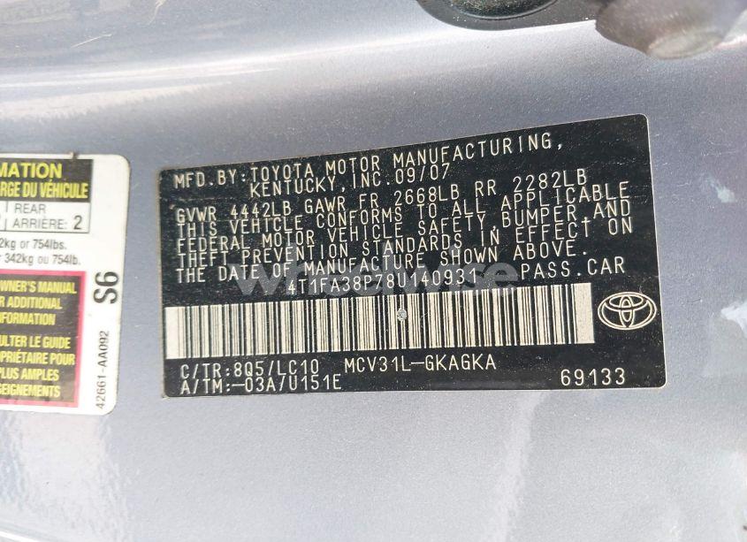 Photo 9 of 2008 Toyota Camry SOLARA SLE (VIN 4T1FA38P78U140931)