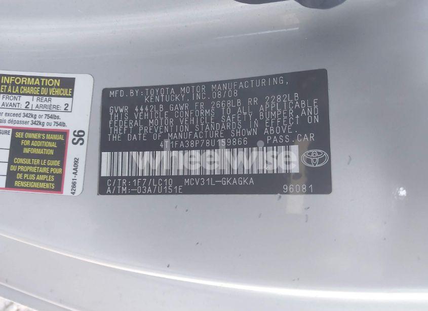 Photo 9 of 2008 Toyota Camry SOLARA SLE (VIN 4T1FA38P78U159866)