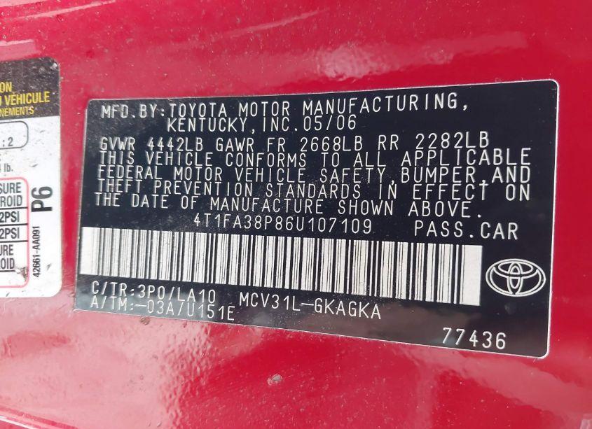 Photo 9 of 2006 Toyota Camry SOLARA SLE (VIN 4T1FA38P86U107109)