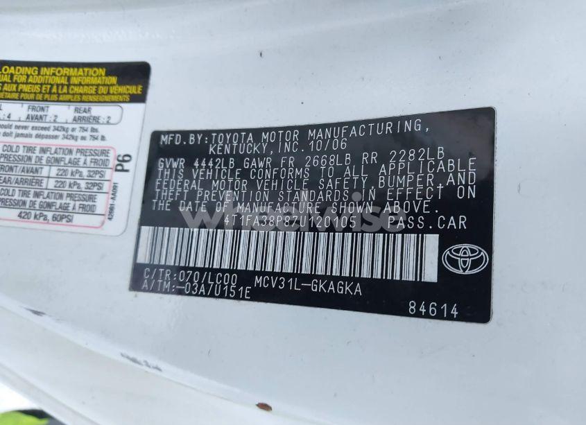 Photo 9 of 2007 Toyota Camry SOLARA SLE (VIN 4T1FA38P87U120105)