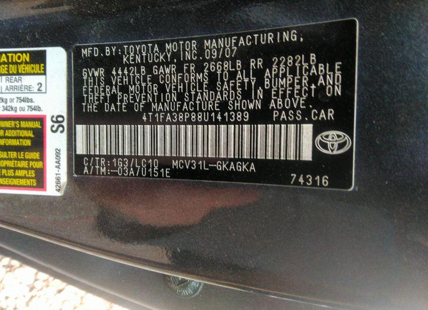 Photo 9 of 2008 Toyota Camry SOLARA SLE (VIN 4T1FA38P88U141389)