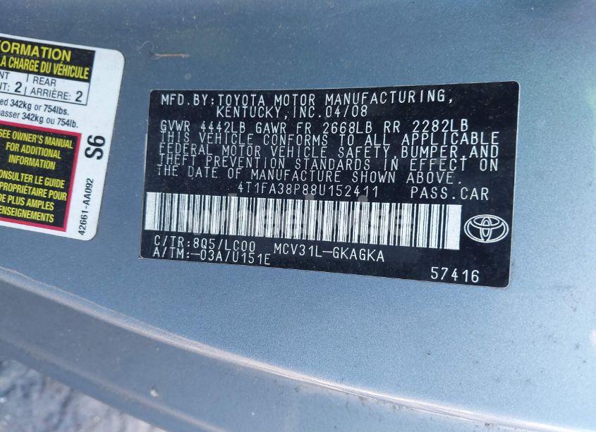 Photo 9 of 2008 Toyota Camry SOLARA SLE (VIN 4T1FA38P88U152411)