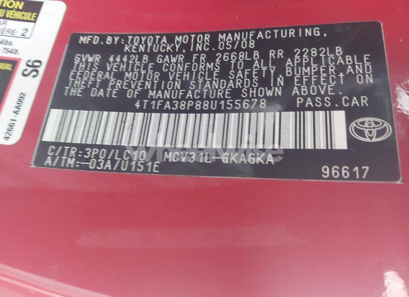 Photo 9 of 2008 Toyota Camry SOLARA SLE (VIN 4T1FA38P88U155678)