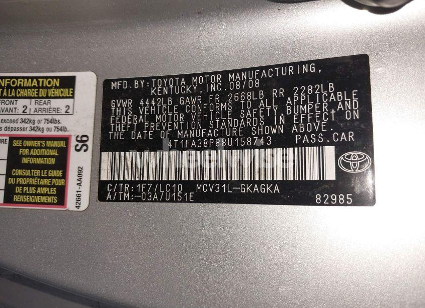 Photo 9 of 2008 Toyota Camry SOLARA SLE (VIN 4T1FA38P88U158743)