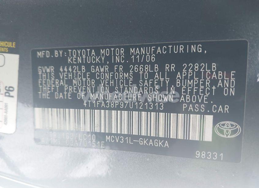 Photo 9 of 2007 Toyota Camry SOLARA SLE (VIN 4T1FA38P97U121313)