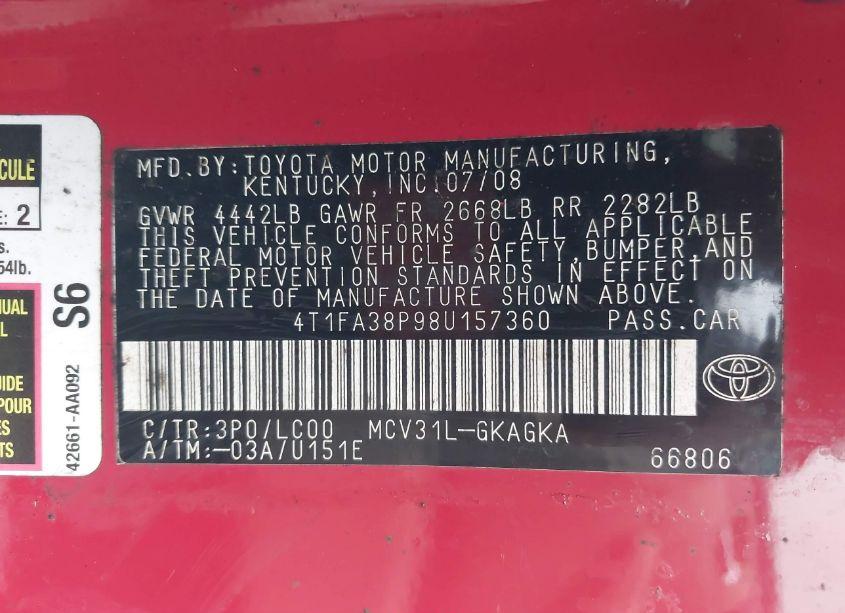 Photo 9 of 2008 Toyota Camry SOLARA SLE (VIN 4T1FA38P98U157360)