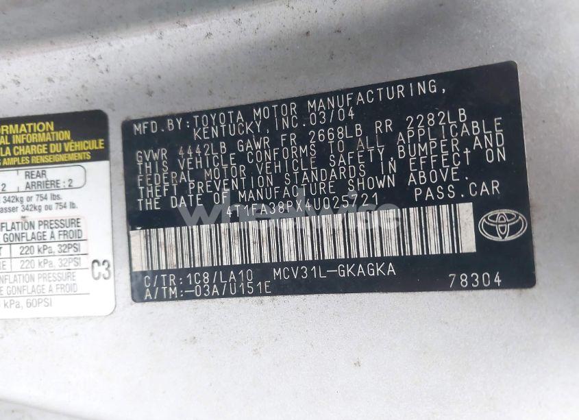 Photo 9 of 2004 Toyota Camry SOLARA SLE (VIN 4T1FA38PX4U025721)