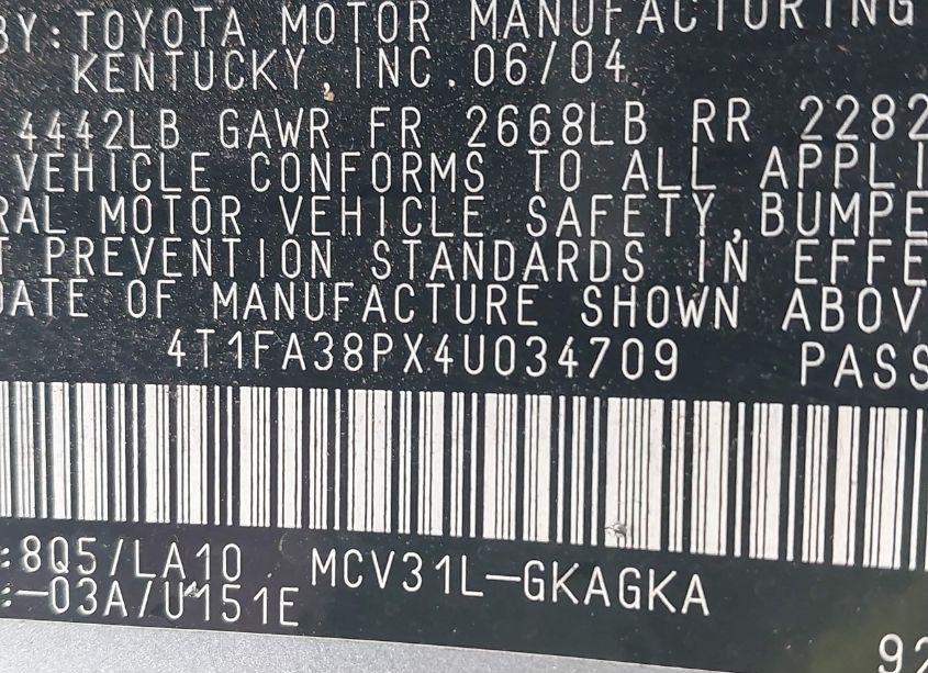 Photo 9 of 2004 Toyota Camry SOLARA SLE (VIN 4T1FA38PX4U034709)