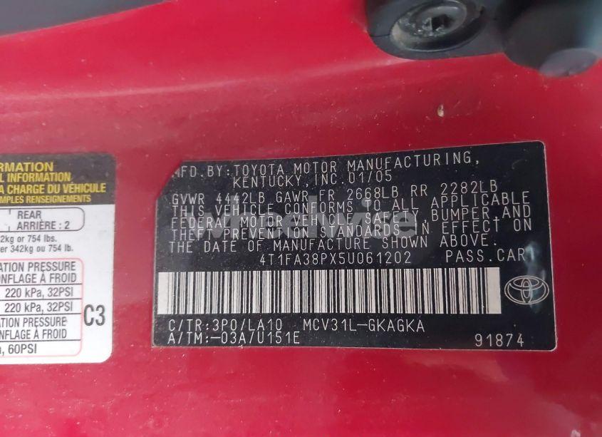 Photo 9 of 2005 Toyota Camry SOLARA SLE (VIN 4T1FA38PX5U061202)