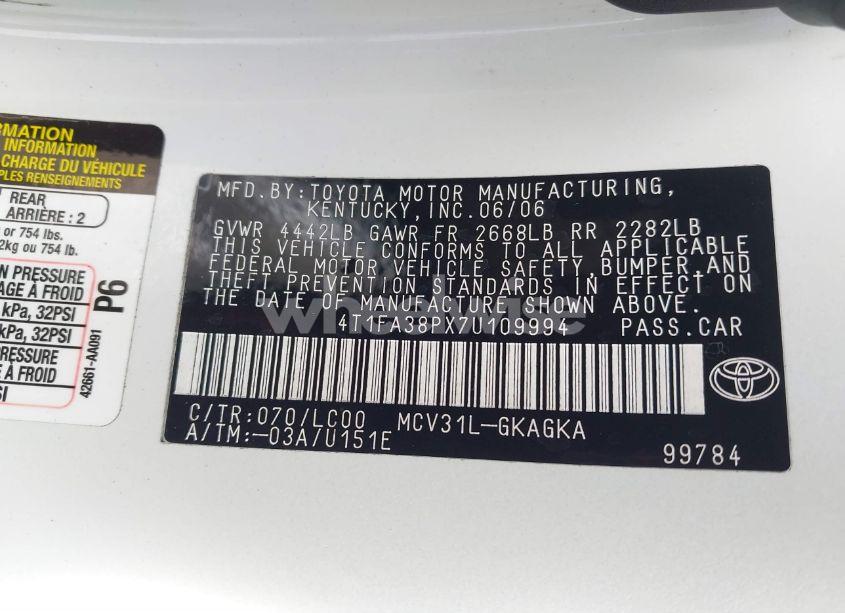 Photo 9 of 2007 Toyota Camry SOLARA SLE (VIN 4T1FA38PX7U109994)