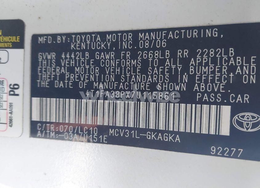 Photo 9 of 2007 Toyota Camry SOLARA SLE (VIN 4T1FA38PX7U115861)