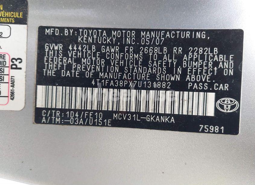 Photo 9 of 2007 Toyota Camry SOLARA SE (VIN 4T1FA38PX7U131882)