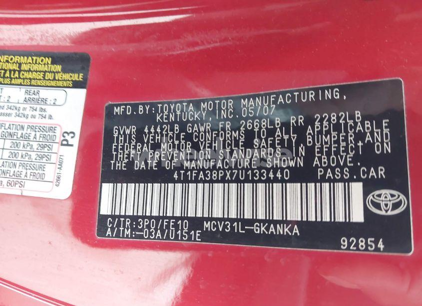 Photo 9 of 2007 Toyota Camry SOLARA SE (VIN 4T1FA38PX7U133440)