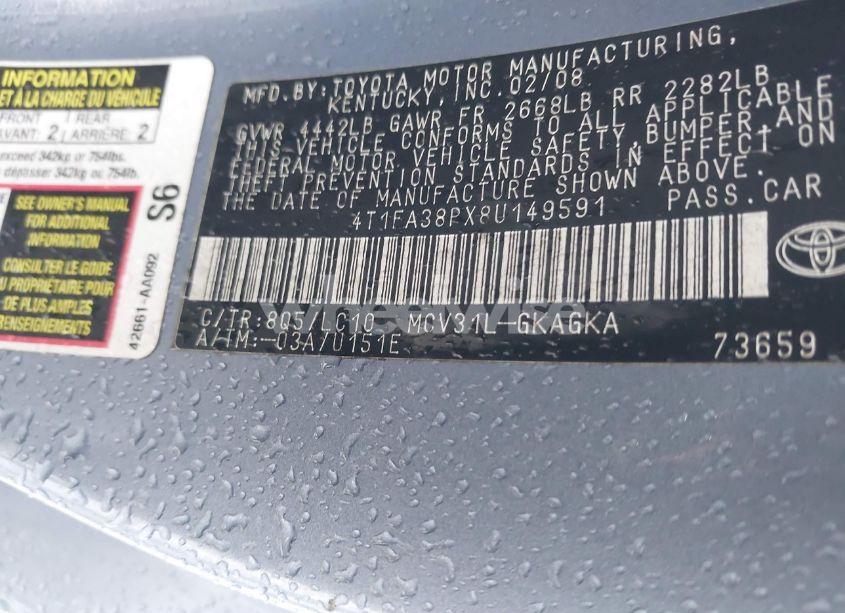 Photo 9 of 2008 Toyota Camry SOLARA SLE (VIN 4T1FA38PX8U149591)