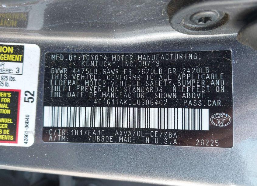 Photo 9 of 2020 Toyota Camry SE (VIN 4T1G11AK0LU306402)