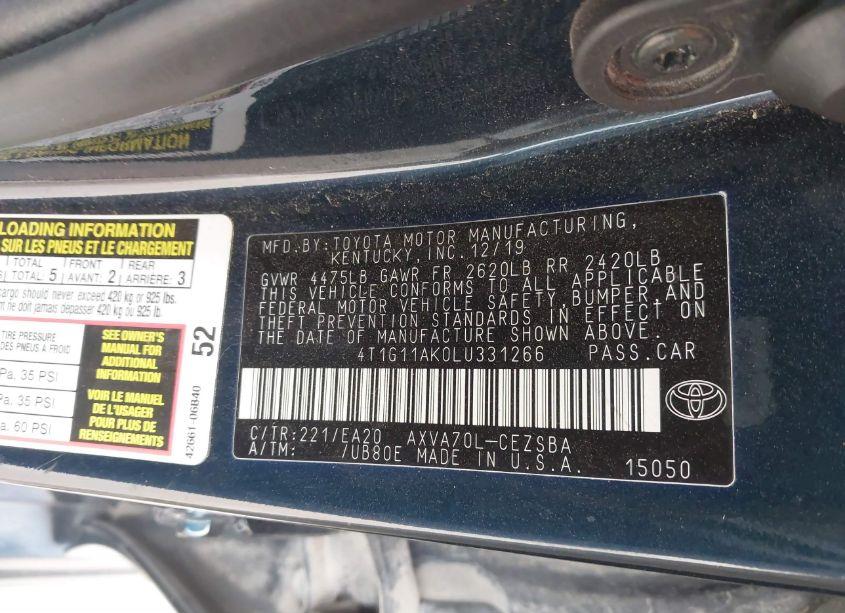 Photo 9 of 2020 Toyota Camry SE (VIN 4T1G11AK0LU331266)