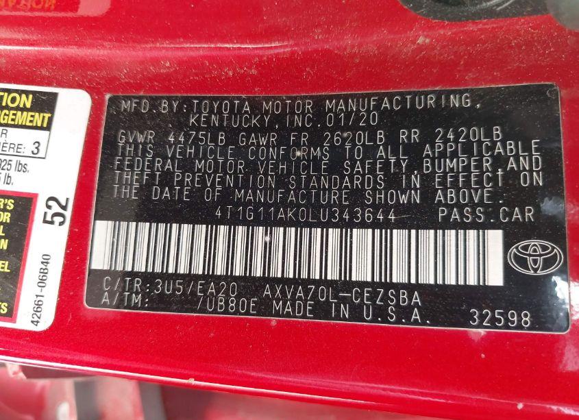 Photo 9 of 2020 Toyota Camry SE (VIN 4T1G11AK0LU343644)