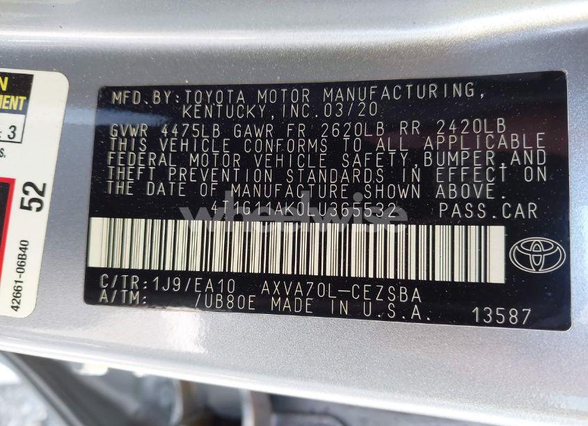 Photo 9 of 2020 Toyota Camry SE (VIN 4T1G11AK0LU365532)